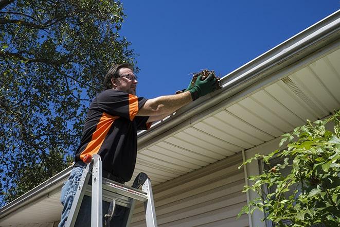 repairman using a ladder to access a damaged gutter for repair in Anna Maria, FL